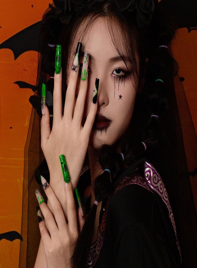 LOVFUL Press on Nails Halloween Luminous Lurker | Glow in the Dark | Handmade with Full Covered Crystals | Reusable Fake Nails | Square Mid length 1.7in | H339-S - Image 4
